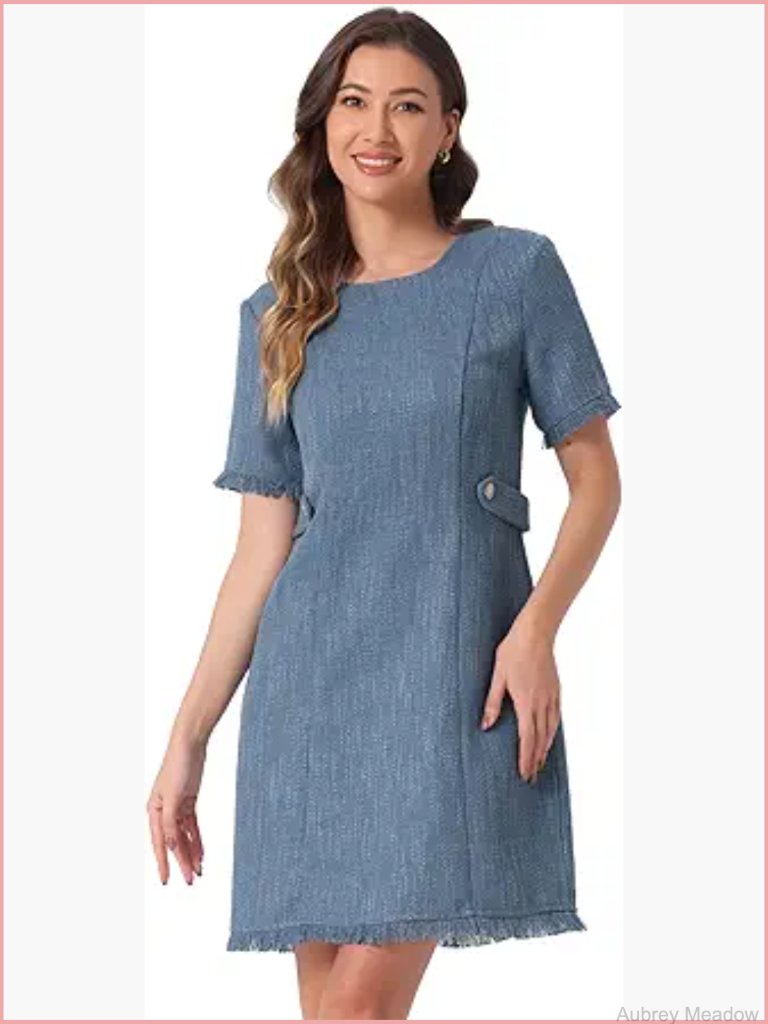 Tweed Sweater Dress - Round Neck Short Sleeves Shift Work Dress